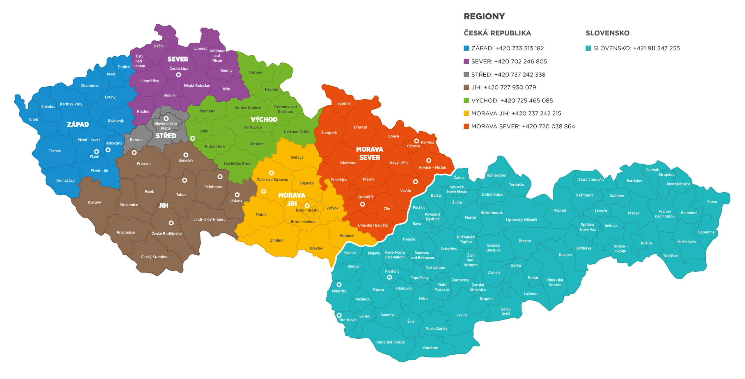 Mapa regionů obchodního týmu Energy Systems v ČR a SR